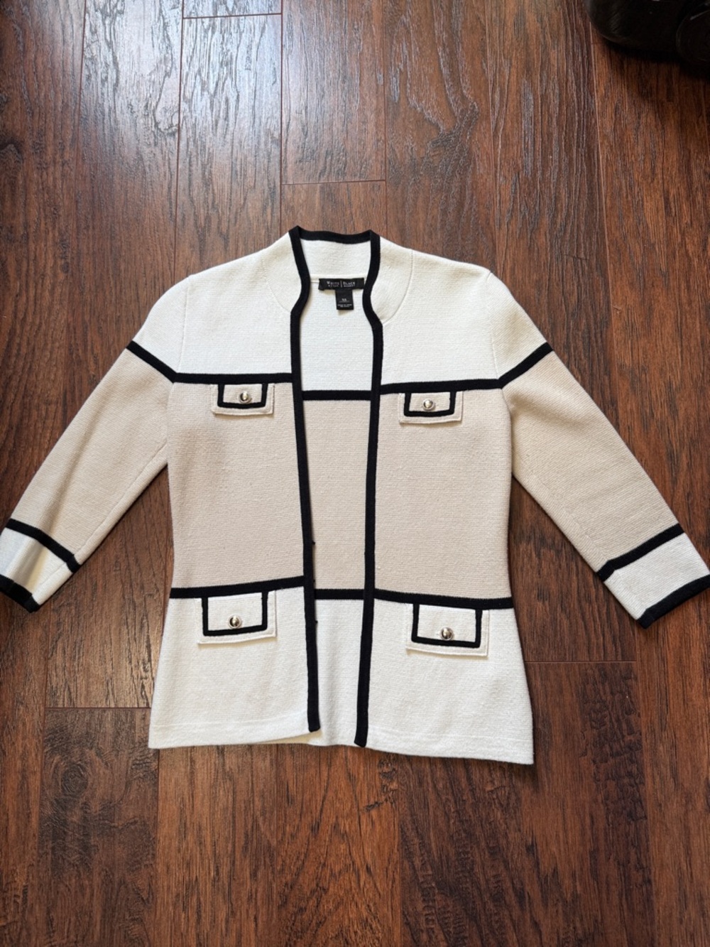 White House Black Market Cream and Black Contrast-Trim Knit Cardigan